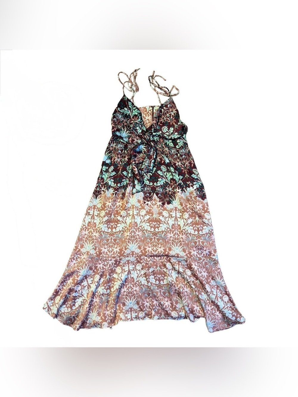 Free People Green/Pink Sun Bleached Satin Floral Strappy Tie Front Maxi Dress XS